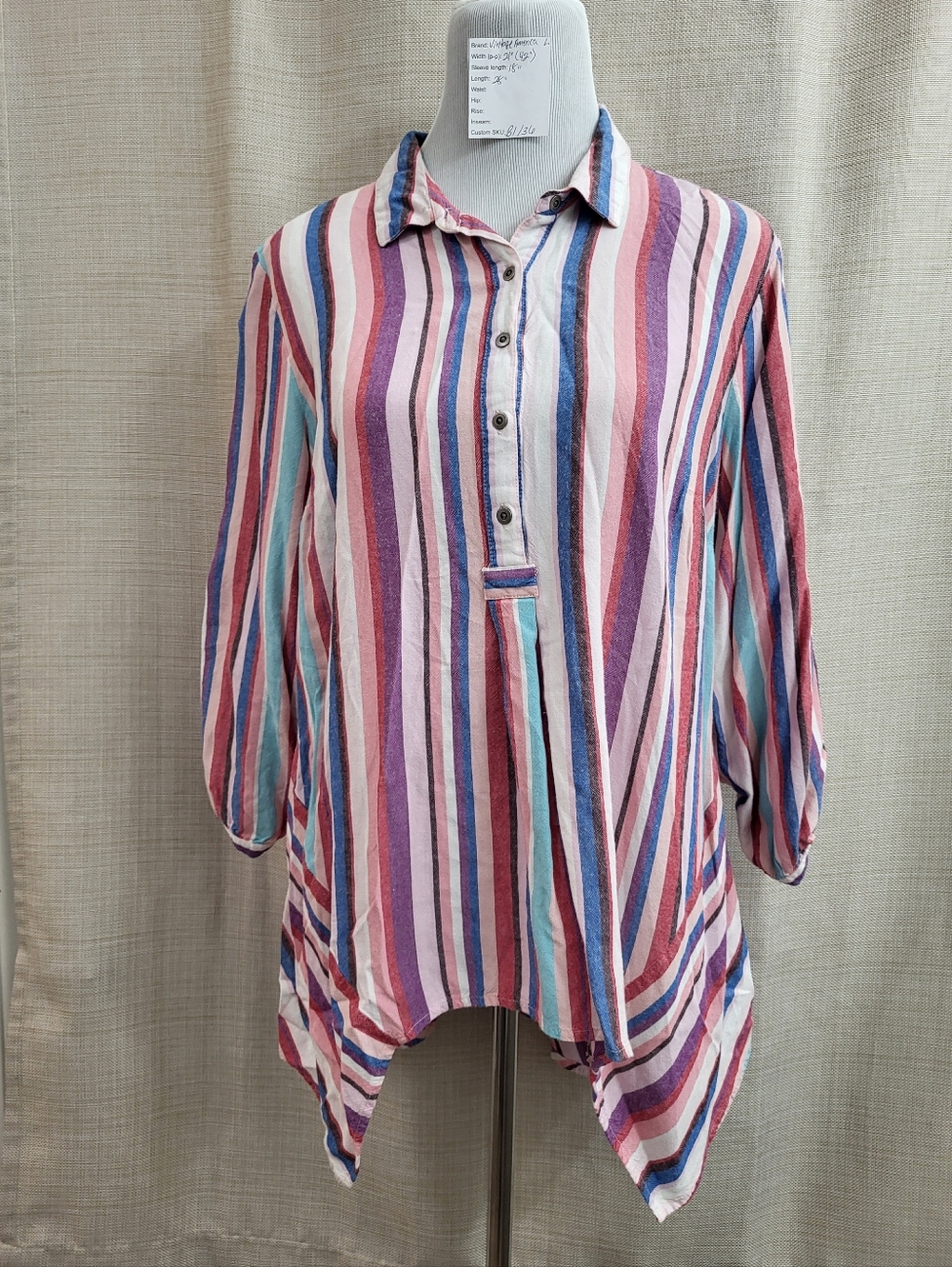 Vintage America Women's Striped Blouse Hi Low Sides Strappy‎ Sleeve Size Large